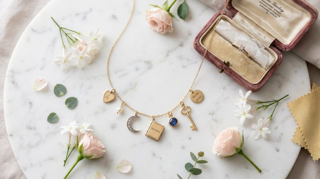 Flat lay overhead shot of an elegant charm necklace with sen