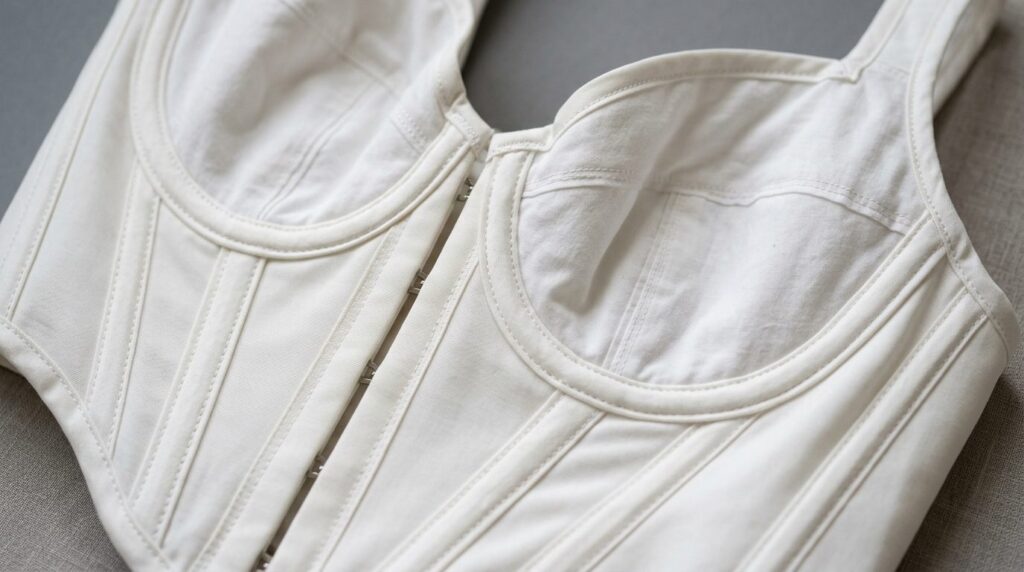 Close-up detail shot of plus-size wedding dress construction