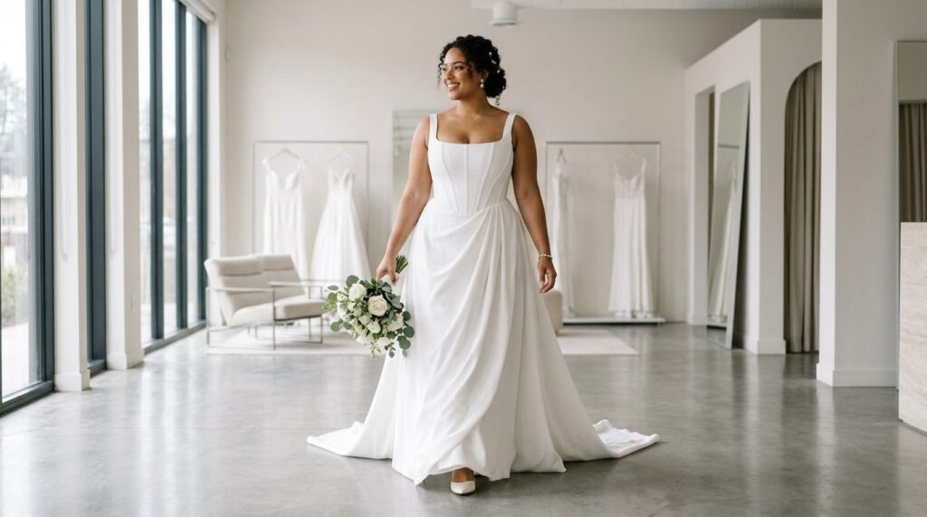 Fashion editorial photograph of a curvy bride wearing a beau