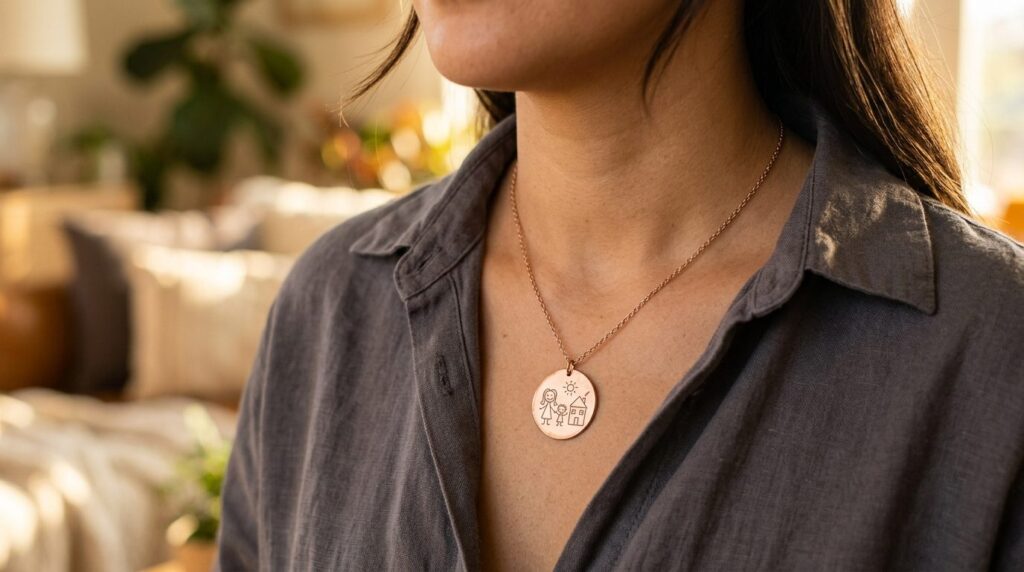 Close-up detail shot of a personalized necklace with a child