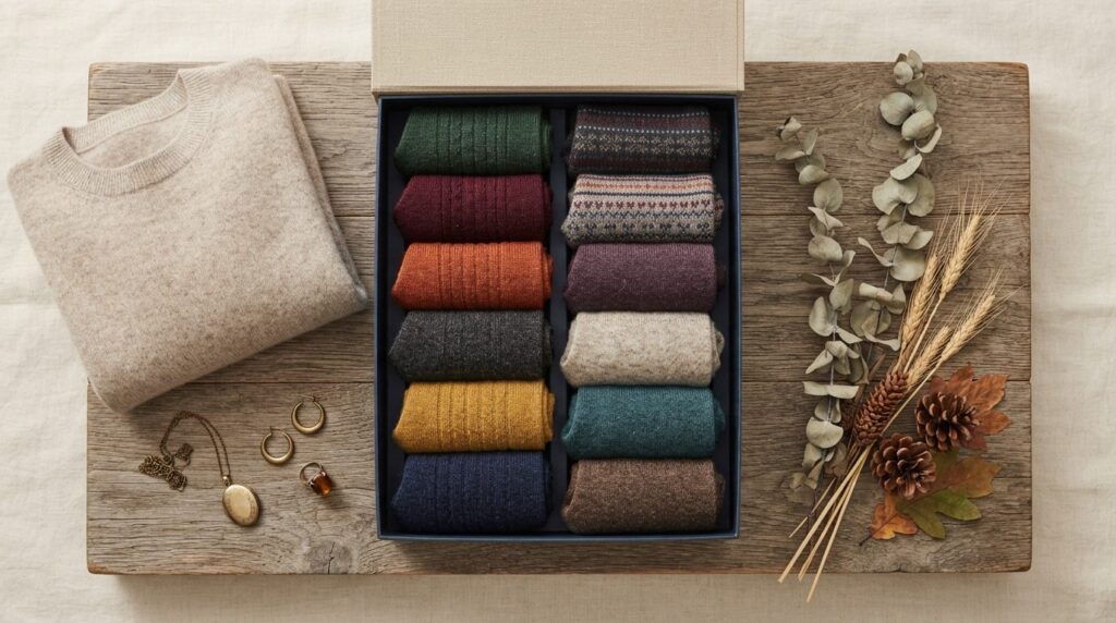 Overhead flat lay of open luxury sock bundle box containing 