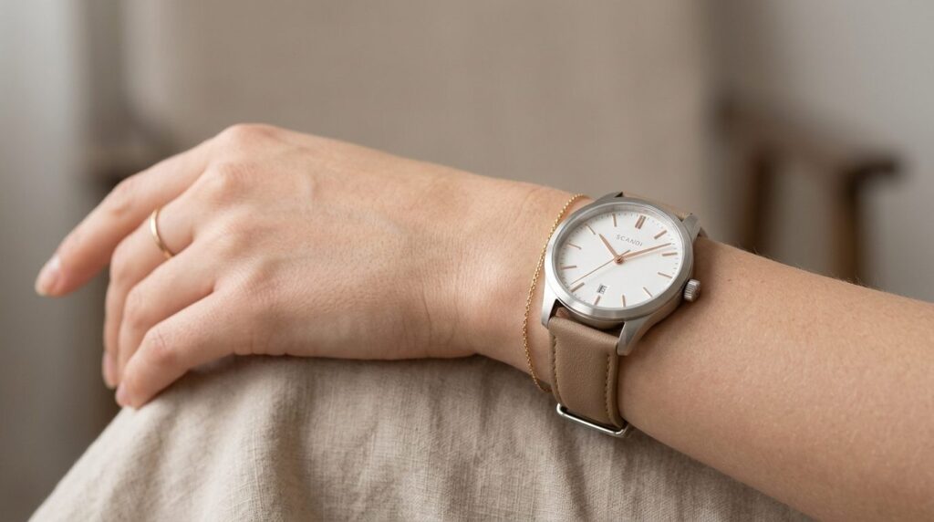Close-up detail shot of luxury womens wristwatch on elegant