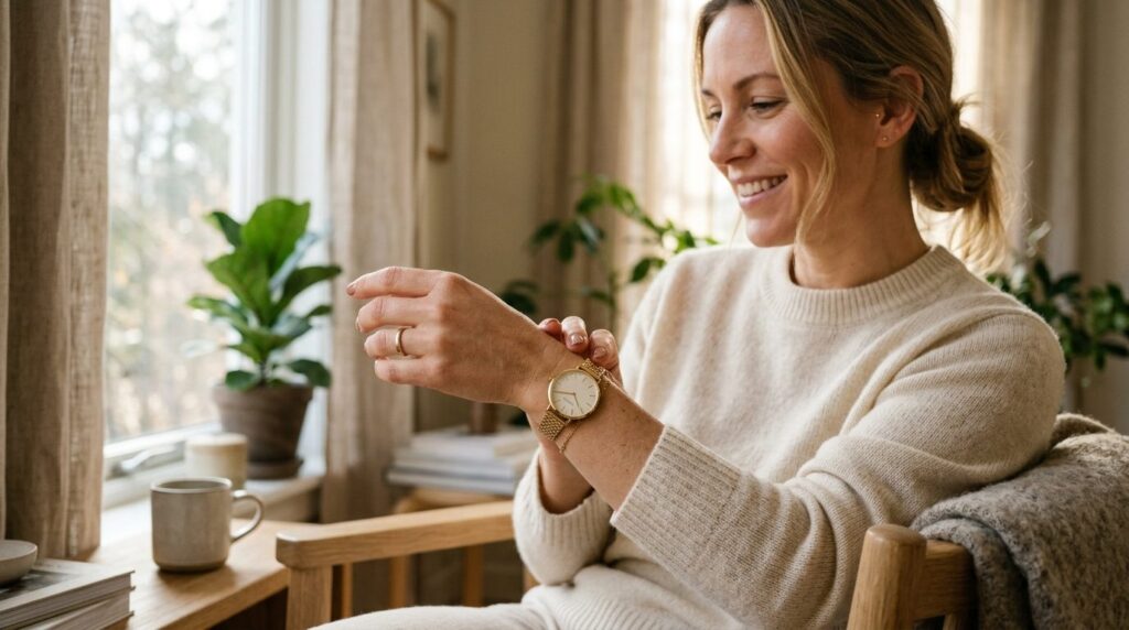 Lifestyle portrait of woman wearing elegant watch gift, natu