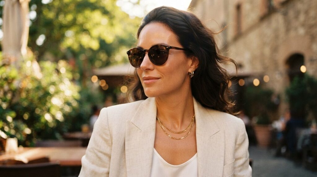 Lifestyle portrait 16:9 of an elegant woman wearing protecti