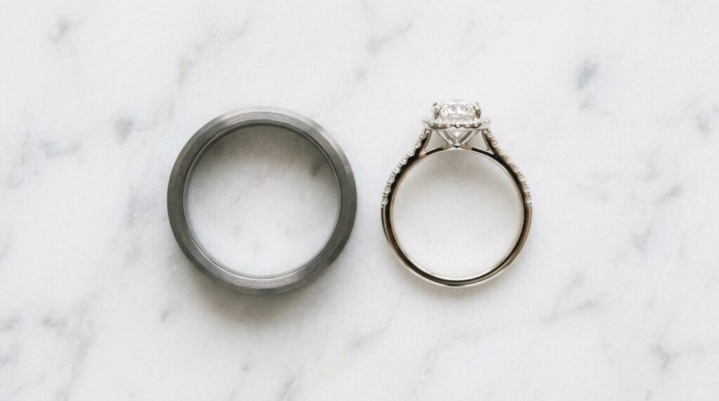 Realistic top-down view of two premium rings side by side on