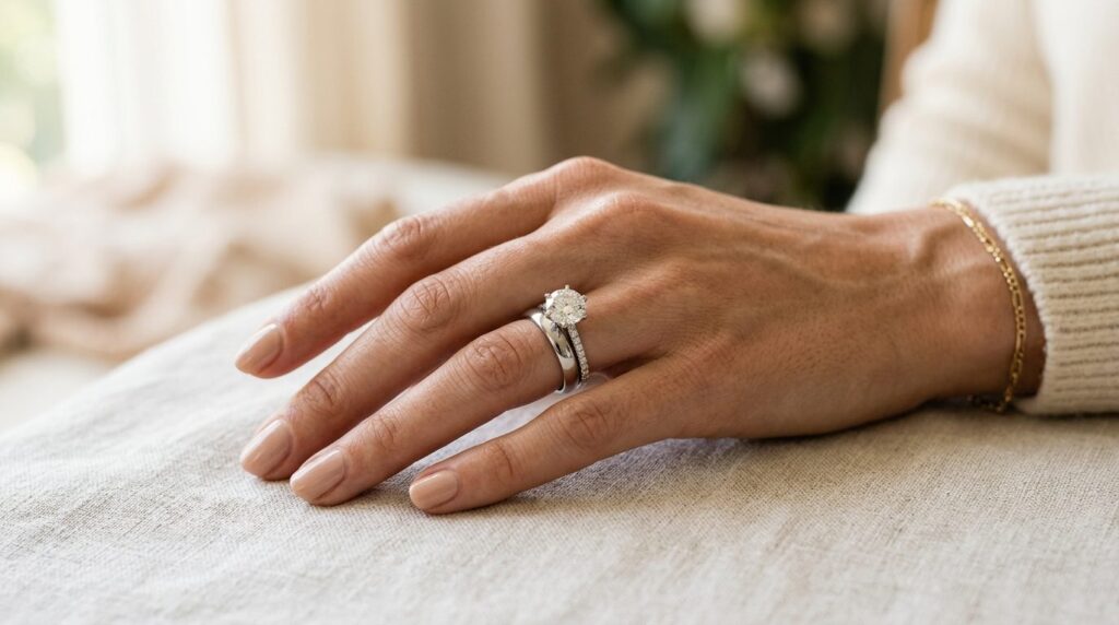 Elegant photograph of a womans hand with both wedding and e