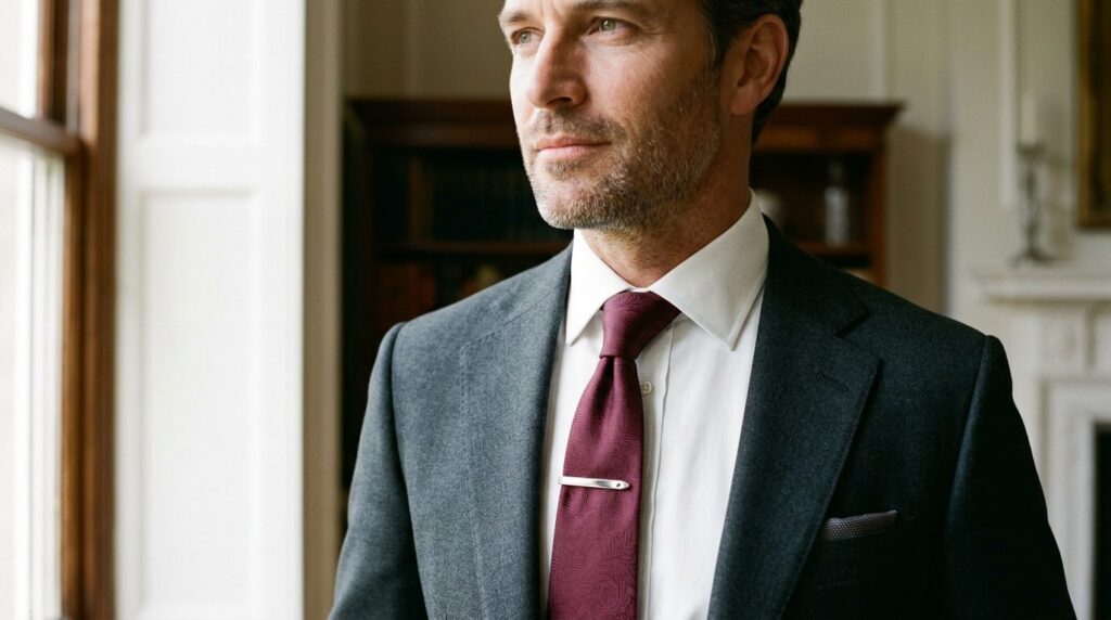 Close-up detail shot of elegant gentleman wearing tailored c