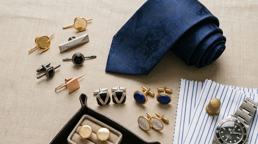Flat lay composition of premium mens accessories including