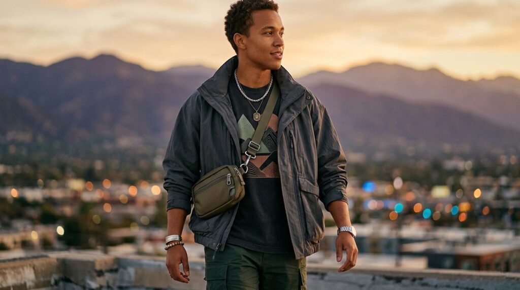 Lifestyle portrait of a young adult wearing elevated streetw