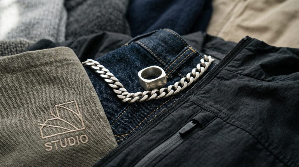 Close-up detail shot of luxury streetwear materials and acce